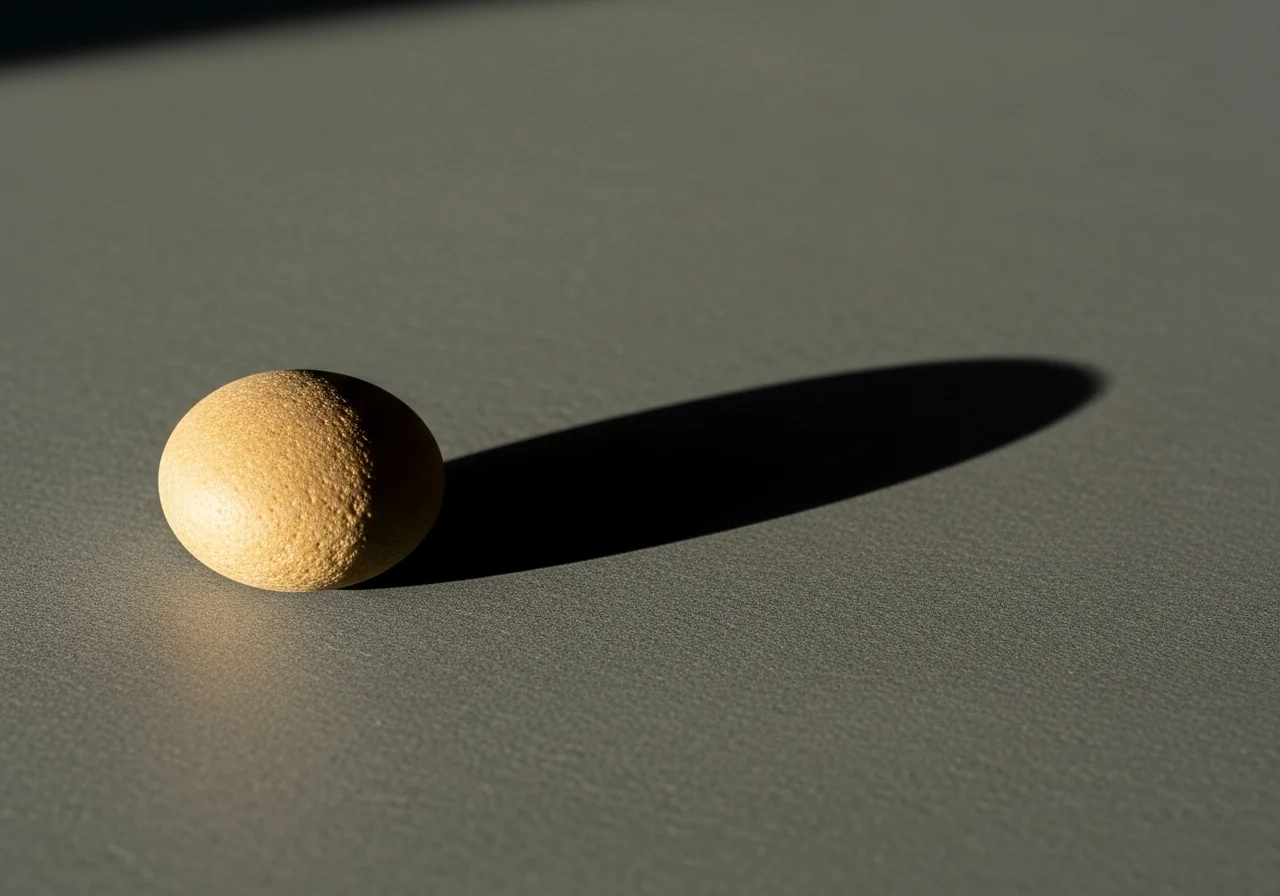A smooth round stone roughly the size of a fist resting on a flat grey surface in bright raking side-light, casting a shadow many times larger than itself — the small visible object and its much larger shadow occupying the frame in sharp contrast, muted slate and charcoal palette