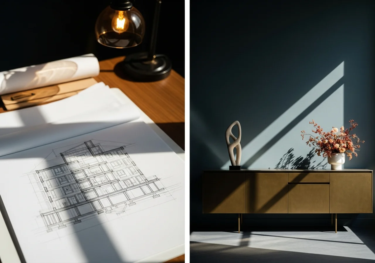 An open architectural cross-section drawing on drafting paper, showing the internal structural layers beneath a building's exterior facade, rendered in fine pencil lines with a single amber lamp illuminating the desk from above