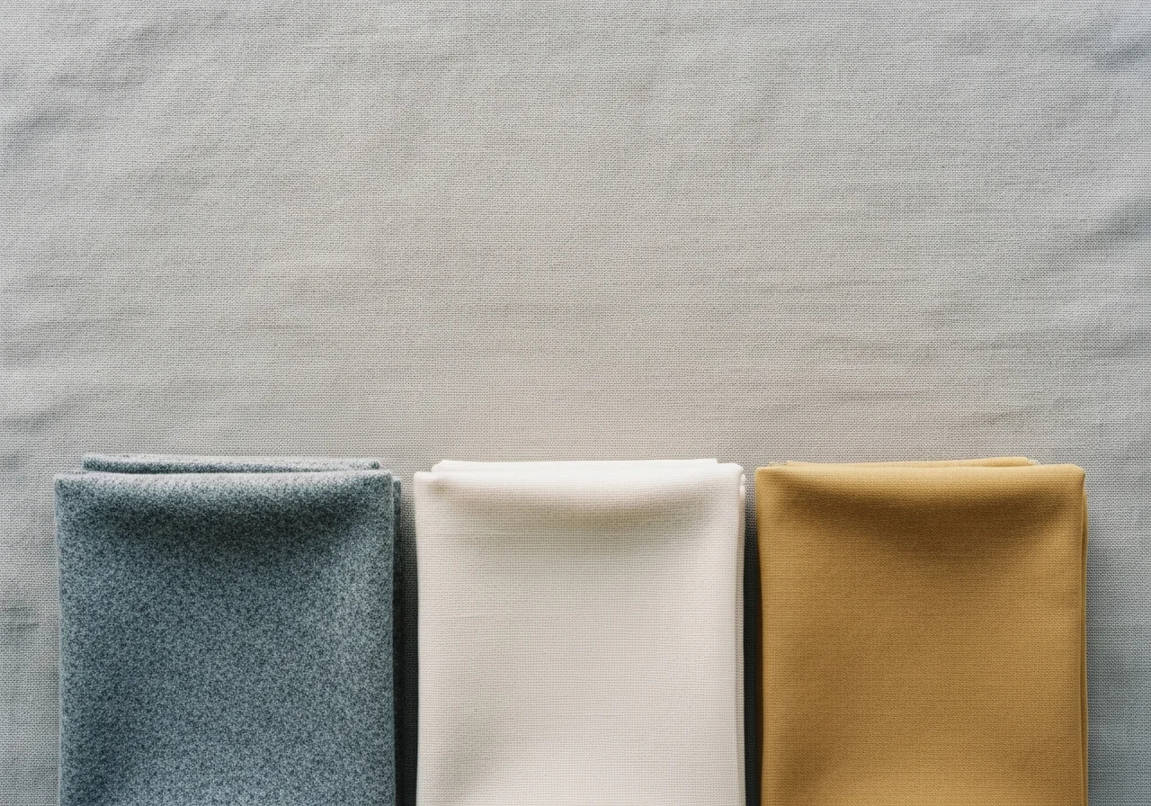 Three folded fabric swatches in muted tones — slate grey, warm ivory, and soft ochre — laid side by side on undyed linen, each with a slightly different texture, seen from directly above in diffused overhead light