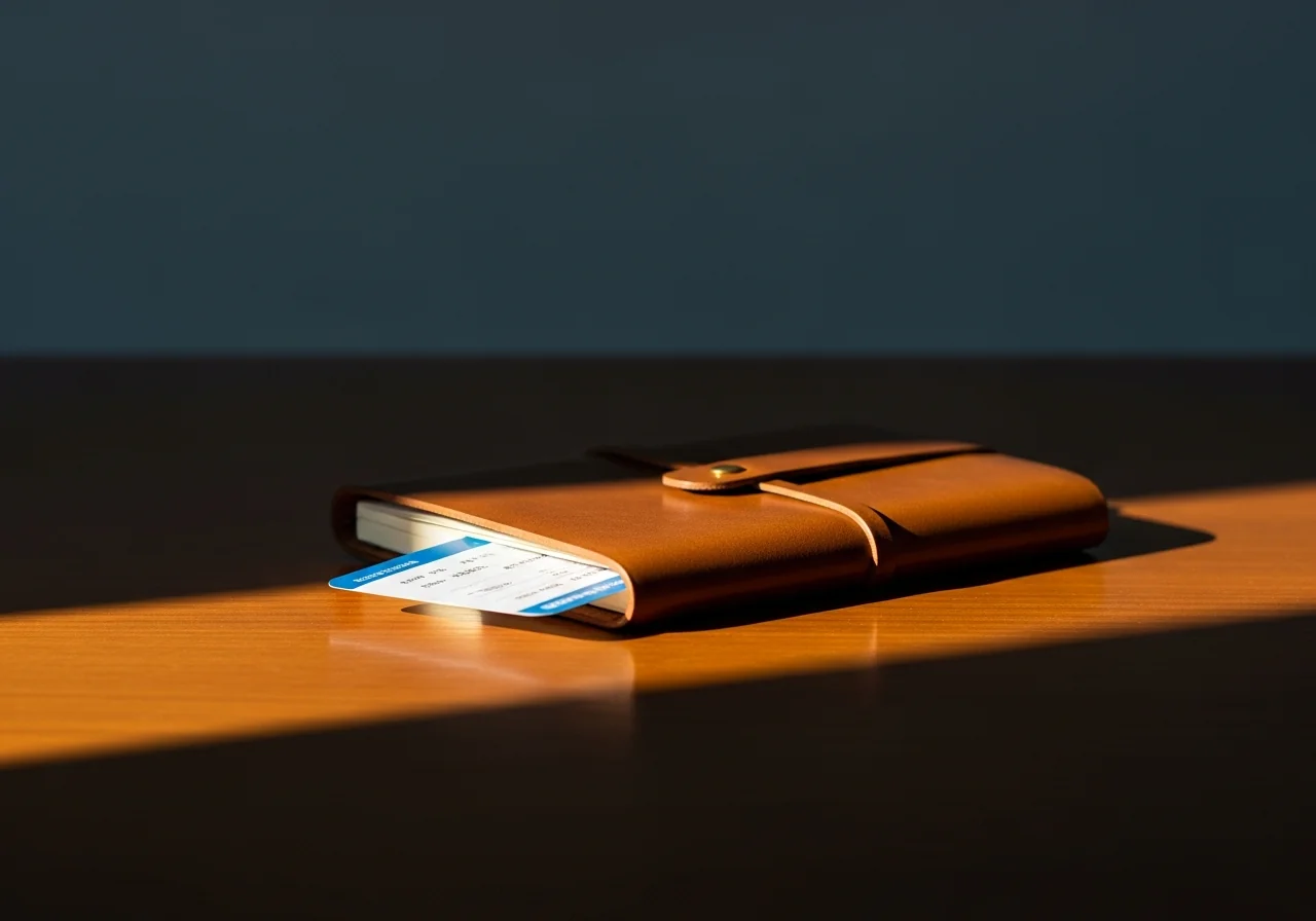 A paper boarding pass folded inside a closed leather travel notebook on a wooden desk, side-lit by a narrow beam of warm light casting a long shadow — editorial still life, slate-grey and antique-gold palette, deep negative space