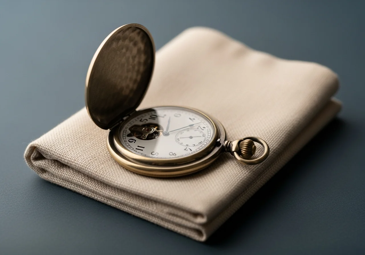 An open antique pocket watch resting on folded cream linen, its hands resting at a quiet hour, soft directional light from the left, muted gold and ivory palette against deep slate background — editorial still life, no text