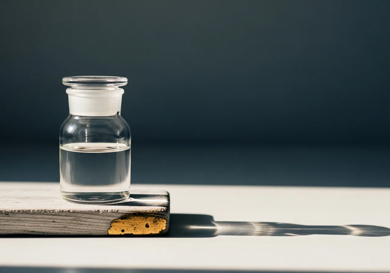 A glass apothecary jar, half-filled with clear pale liquid, label-less, on weathered pale wood, soft diffused daylight from the left, cream and slate palette against a deep background — metaphor for transparent, direct exchange, editorial still life, no text, no faces