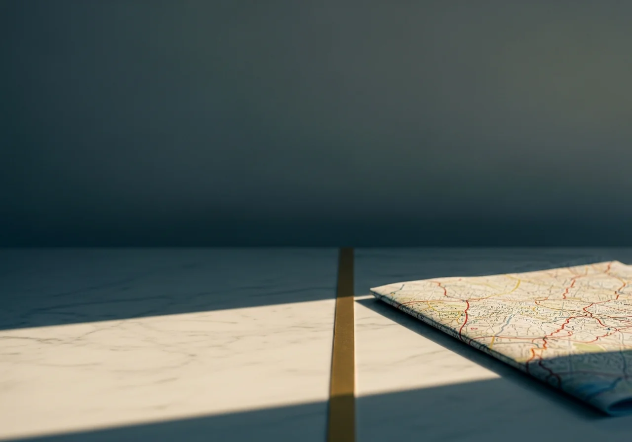 A single straight ribbon of afternoon light crossing a white marble surface, casting a clean sharp-edged shadow, with a loosely folded paper map resting beside it — metaphor for direct line versus intermediated route, editorial still life, muted slate and antique-gold palette, deep negative space, no text
