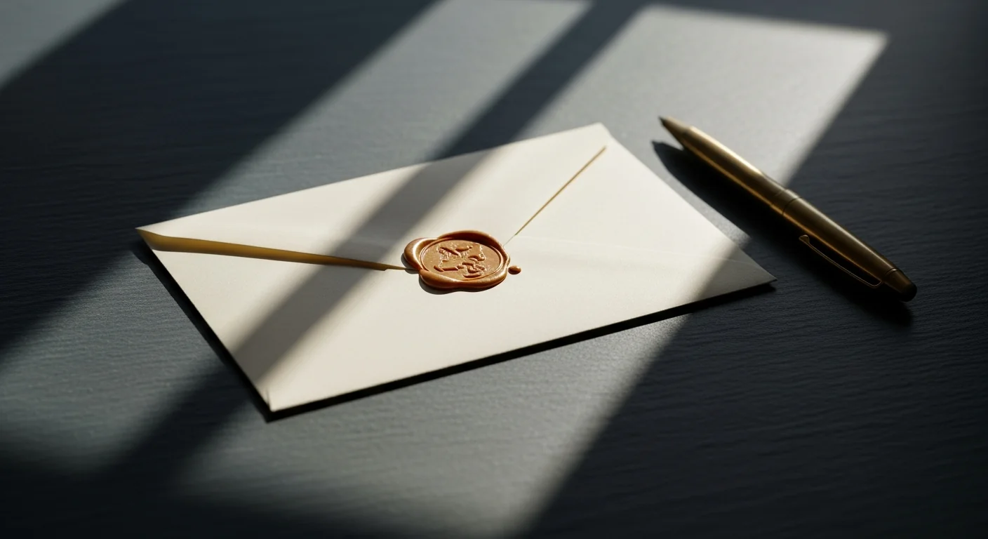 Кремовый конверт с восковой печатью, лежащий на сланцевом столе, — метафора адресной клеточной сигнализации