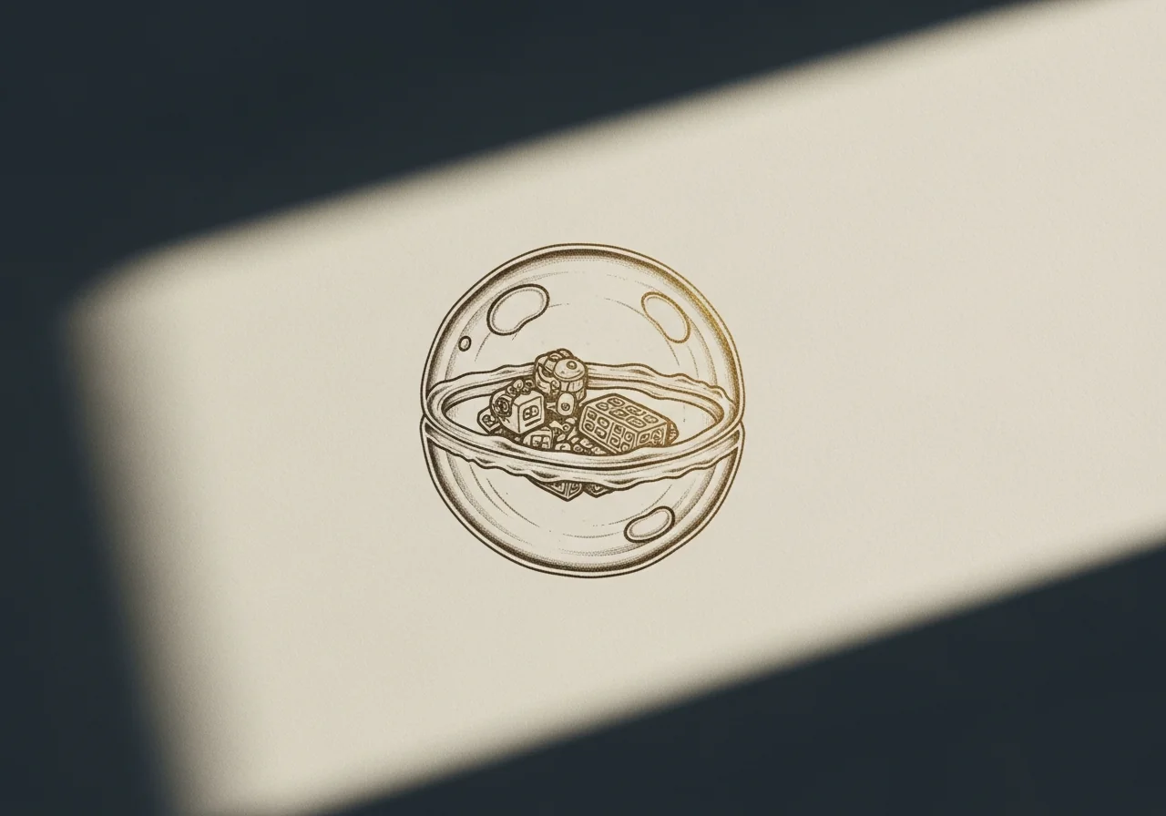 Иллюстрация в редакционном стиле: поперечное сечение сферической везикулы с видимой двухслойной мембраной и абстрактным содержимым внутри, выполненная золотыми чернилами на кремовой бумаге