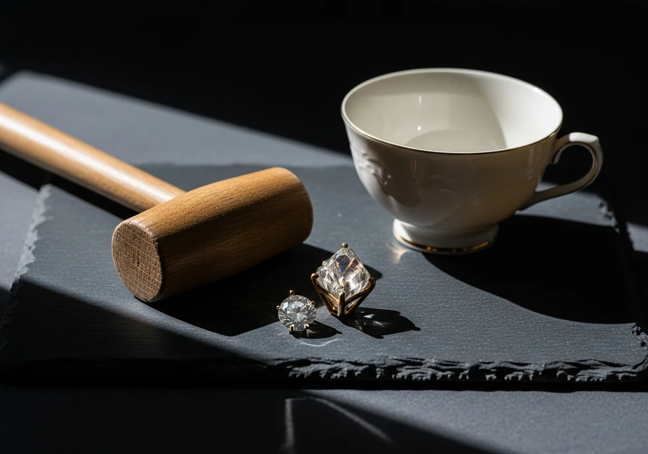 A wooden mallet resting beside an unset jewel and an empty porcelain teacup on a slate surface — editorial still life metaphor for a tool applied to the wrong task, muted slate and antique-gold palette, deep negative space, raking directional light