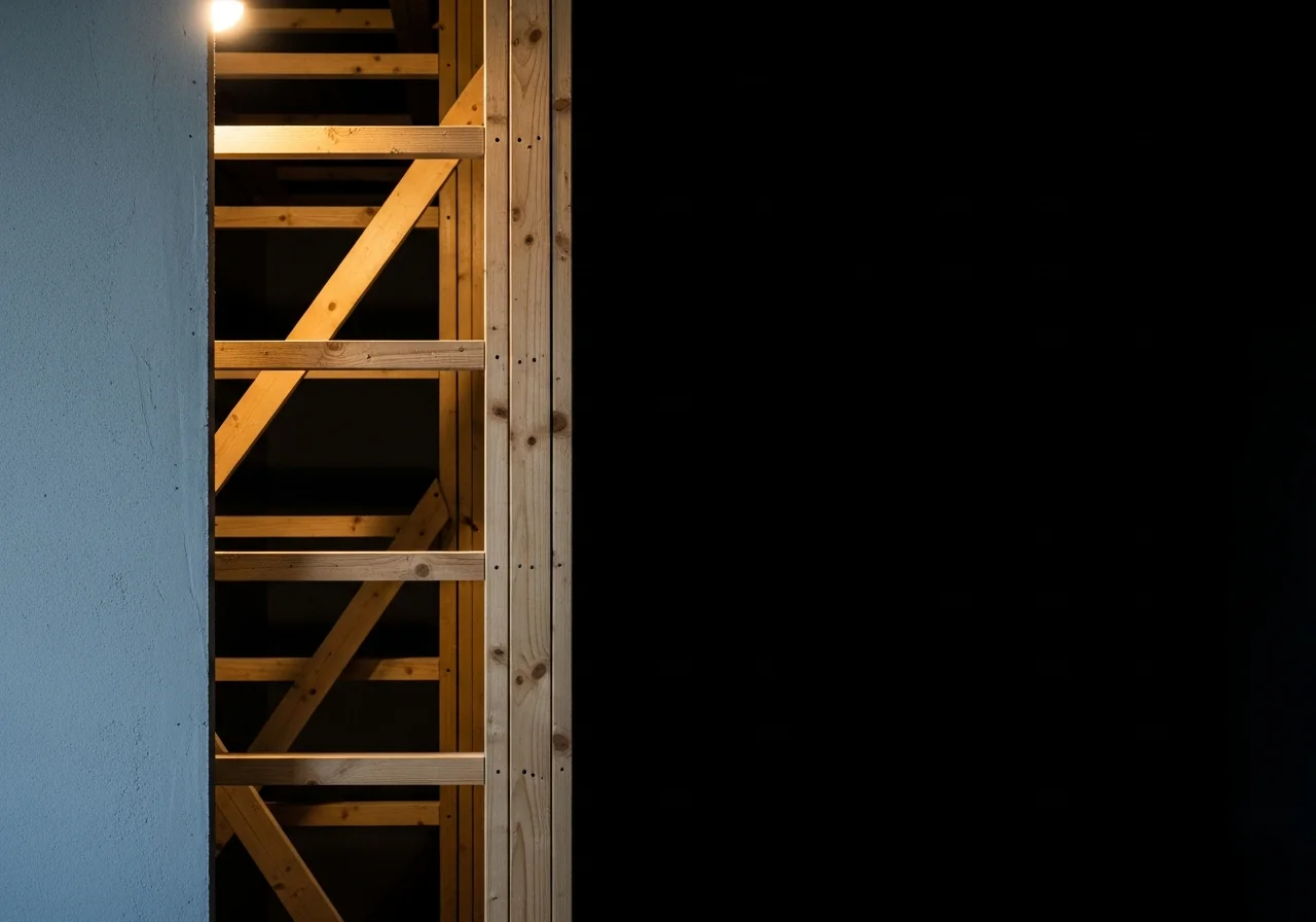 Exposed scaffolding behind a half-finished plaster wall, warm light from a construction lamp illuminating the structural wooden framework beneath a smooth surface — metaphor for structural support beneath surface treatment, editorial still life, muted palette, deep background shadow