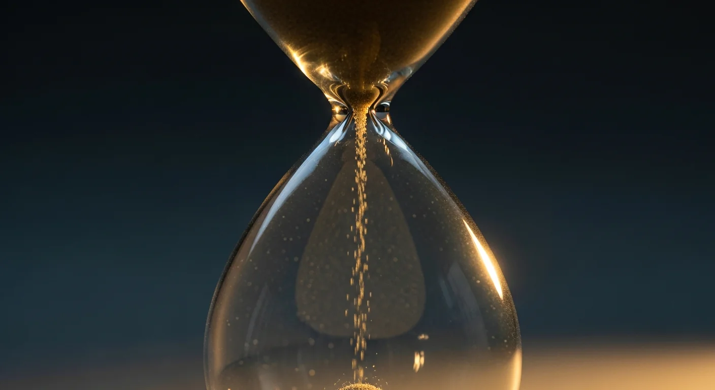 ภาพระยะใกล้มากของเม็ดทรายละเอียดที่กำลังไหลผ่านส่วนที่แคบของนาฬิกาทรายโบราณบนพื้นหลังสีหินชนวนเข้ม เป็นอุปมาสำหรับหน้าต่างเวลาที่กำลังปิดลงหลังเกิดเหตุการณ์เกี่ยวกับหลอดเลือด