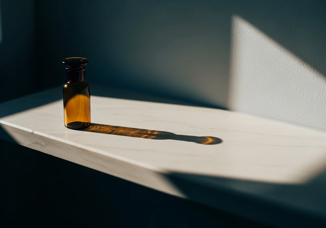 ขวดยาสีเหลืองอำพันขนาดเล็กหนึ่งขวดตั้งอยู่โดดเดี่ยวบนชั้นหินอ่อนสีงาช้างภายใต้แสงที่มีทิศทาง ทอดเงาที่ยาว — ภาพนิ่งที่เงียบของความพร้อมทางคลินิก