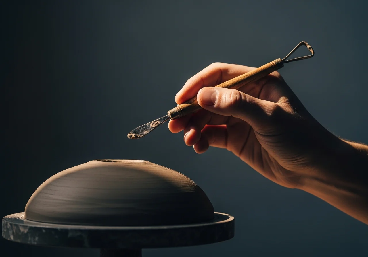 Die Hand eines Bildhauers zieht ein kleines Holzwerkzeug aus einer unfertigen Tonform zurück – die Entscheidung, aufzuhören