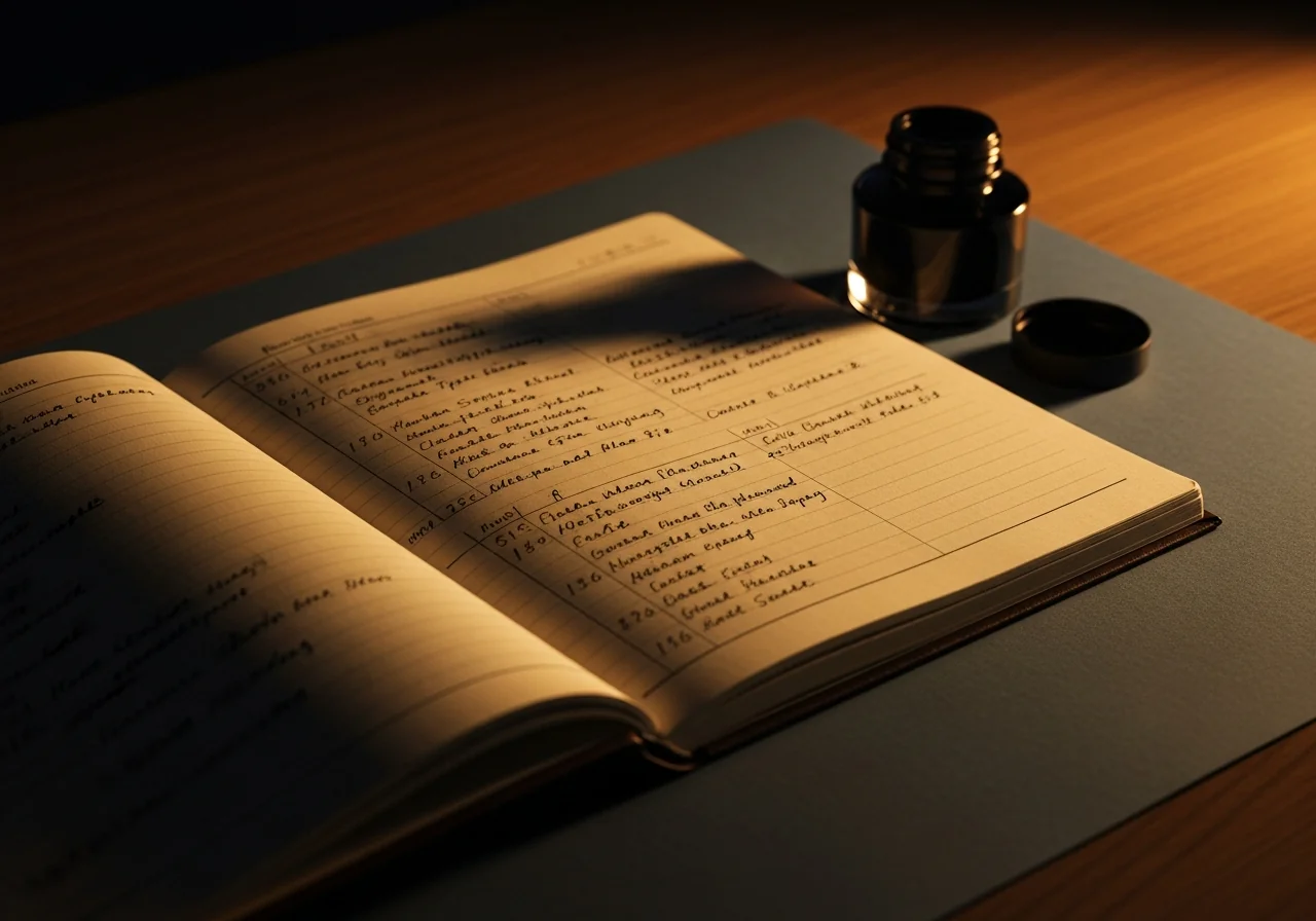 A single open ledger with hand-written entries in dark ink on warm cream paper, an inkwell resting beside it, the pages slightly worn, photographed in warm directional side-light on a wooden writing surface — conveying the idea of honest, unhurried documentation