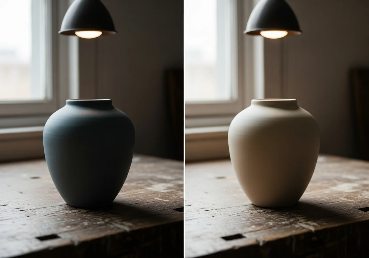 The same matte ceramic vessel photographed twice side-by-side on a worn workbench — once under a single harsh overhead spotlight that picks out every surface imperfection, once in soft diffused window light from the left that smooths the shadows — illustrating how identical objects appear different under different lighting conditions, muted slate and warm cream tones