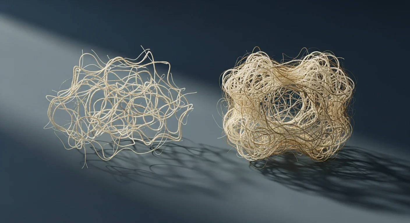 Zwei textilartige Fasernetzwerke nebeneinander – eines locker und spärlich, das andere dichter und stärker strukturiert – als Sinnbild für die Wiederherstellung der extrazellulären Matrix