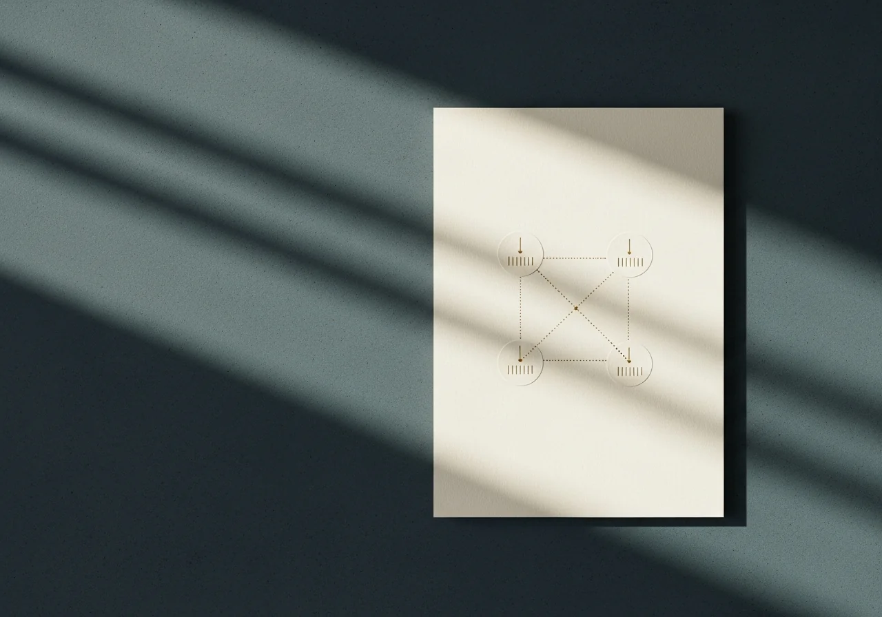 Minimalistisches architektonisches Diagramm aus vier kleinen goldenen Kreisen, die durch feine gepunktete Linien auf elfenbeinfarbenem Papier verbunden sind und die vier anatomischen Zonen markieren