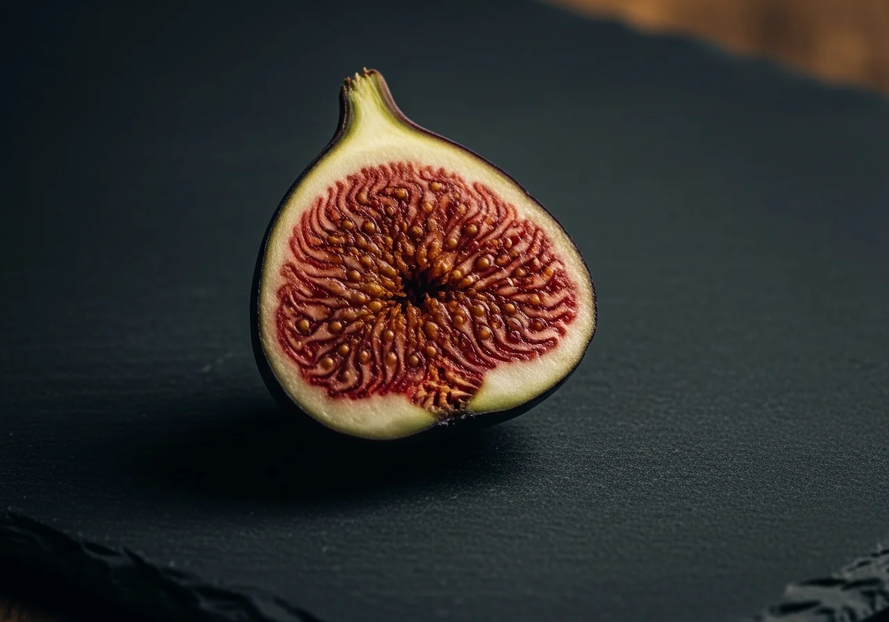 A single ripe fig, sliced cleanly in half on dark slate, the internal structure of seeds and flesh visible in clear cross-section — photographed in low side-light with a shallow depth of field, muted burgundy and charcoal tones
