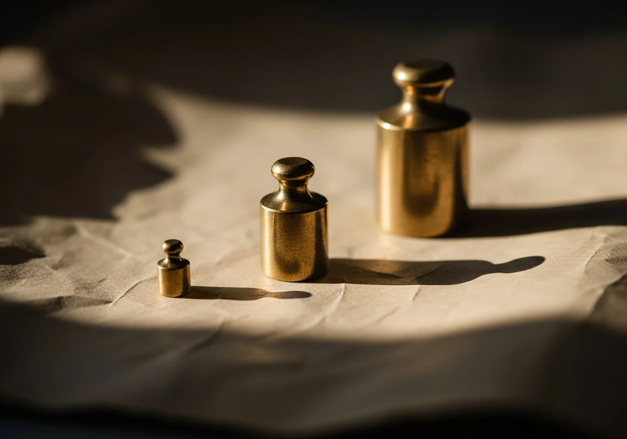 Three small brass weights of increasing size — the smallest no larger than a thumb, the largest palm-sized — arranged in a gentle ascending arc on aged parchment, in raking side-light with long shadows, antique gold tones on a warm neutral ground