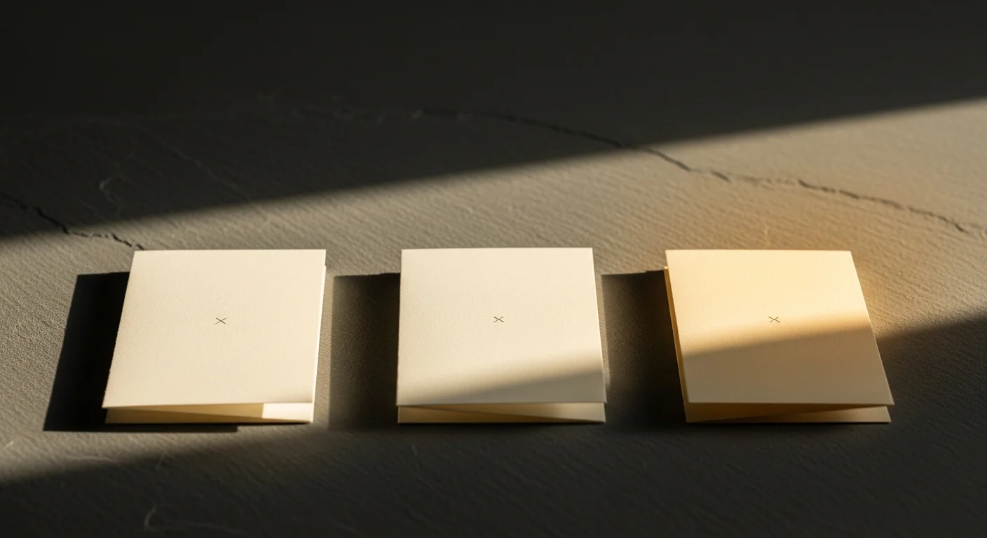Trois petits carrés de papier posés sur une surface d'ardoise sous une lumière du jour progressivement plus chaude, du froid au doré, comme métaphore de la progression du traitement sur plusieurs mois