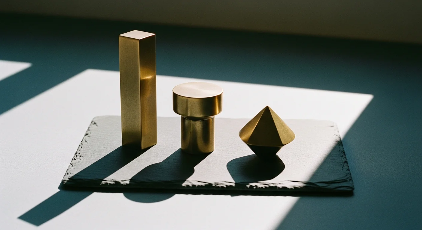 Trois objets géométriques en laiton de formes et hauteurs différentes disposés sur une tuile d'ardoise, chacun projetant une ombre sous un angle différent, représentant trois profondeurs de ciblage tissulaire