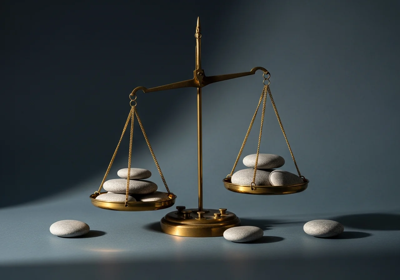 An antique apothecary scale, both sides balanced with small smooth river stones resting on worn brass plates, soft side-light against a deep slate background, muted gold and grey palette — editorial still life metaphor for muscle balance, no text