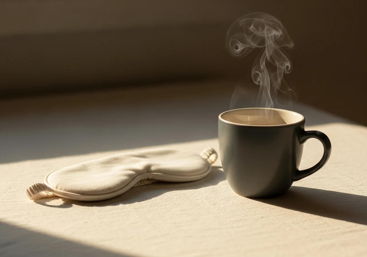 A soft cotton sleep mask folded on white linen beside a single ceramic cup of steaming tea, warm ambient light from the right, cream and slate palette, quiet domestic stillness — metaphor for restful muscular release, editorial still life, no text, deep negative space