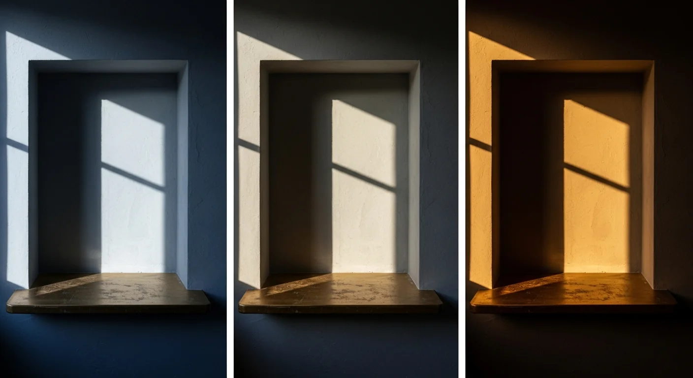 ภาพสามส่วนของขอบหน้าต่างเปล่าหนึ่งแห่ง ถ่ายในเวลาสามช่วงของวัน — รุ่งเช้าสีเย็น สายวันนุ่มนวล เที่ยงวันสีทองอบอุ่น — เป็นอุปมาสำหรับการ remodel แบบก้าวหน้า