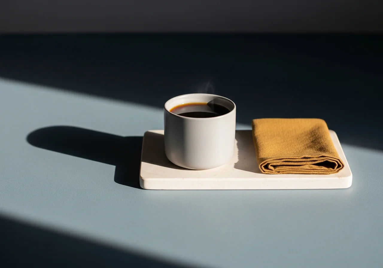 A single ceramic cup of black coffee on a pale stone tray with one folded linen napkin, cool morning light, wide negative space, as a metaphor for deliberate minimalism over a crowded schedule