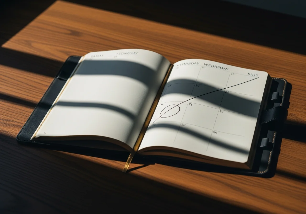 Open leather travel journal with a single deliberate ink line drawn across a two-page week spread, one date circled, the rest empty — raking directional light on a dark wood desk, as a metaphor for the single committed window of time