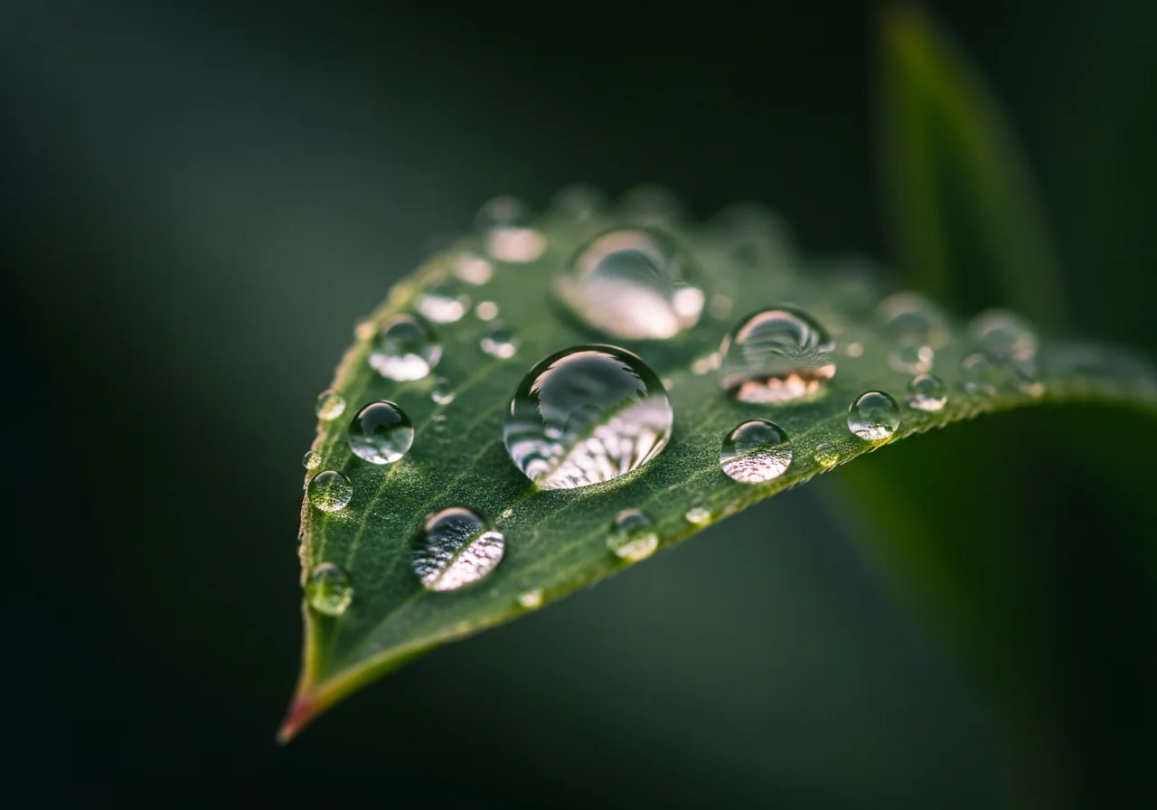 Extreme close-up of morning dew on a single young leaf, each droplet catching diffuse light, deep green-black background with careful bokeh, as a metaphor for cellular-level regeneration occurring beneath the visible surface