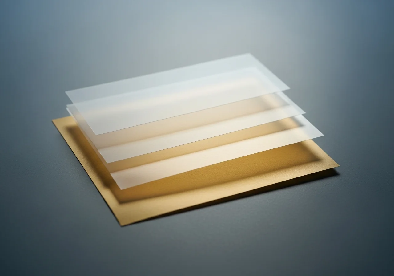 Three sheets of vellum of increasing translucency stacked and backlit, each layer visible through the ones above it, light shifting from cool to warm as it passes through the layers, as a metaphor for distinct treatment layers in the dermis operating at different depths