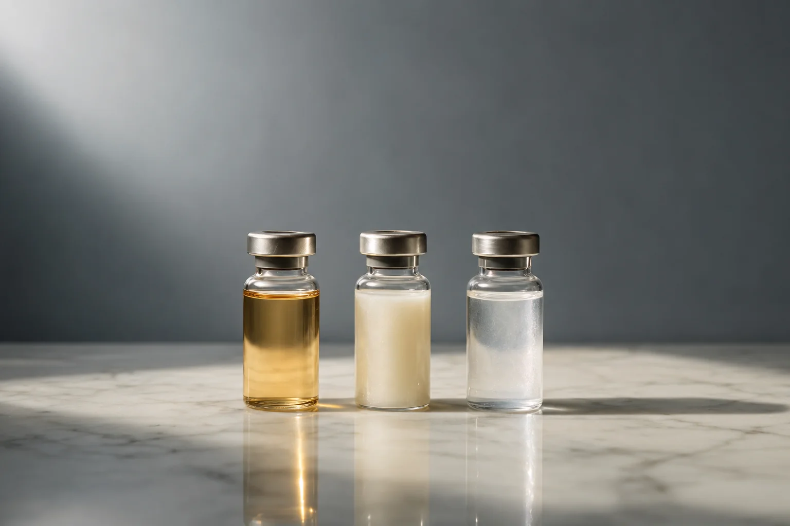 Editorial product photography of three unbranded medical-grade glass vials on pale marble — amber-tinted polynucleotide formulation, opalescent off-white biostimulator, water-clear pearlescent vesicle formulation, identical brushed-metal crimp caps, soft directional studio light, generic-category clinical product still life