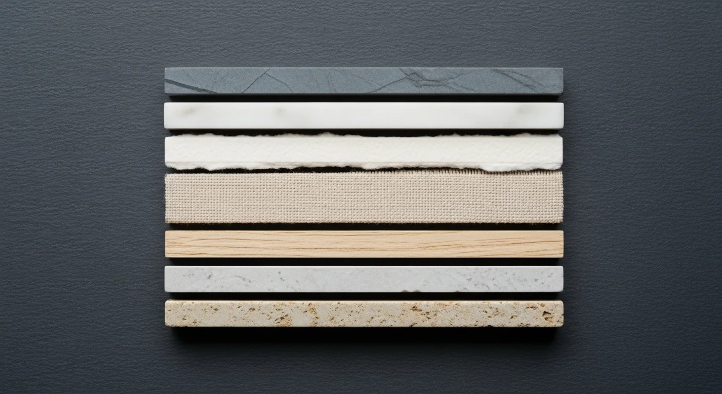 Empilement de sept fins échantillons de matériaux aux textures différentes — marbre, lin, bois, pierre — représentant l'architecture stratifiée du tissu facial