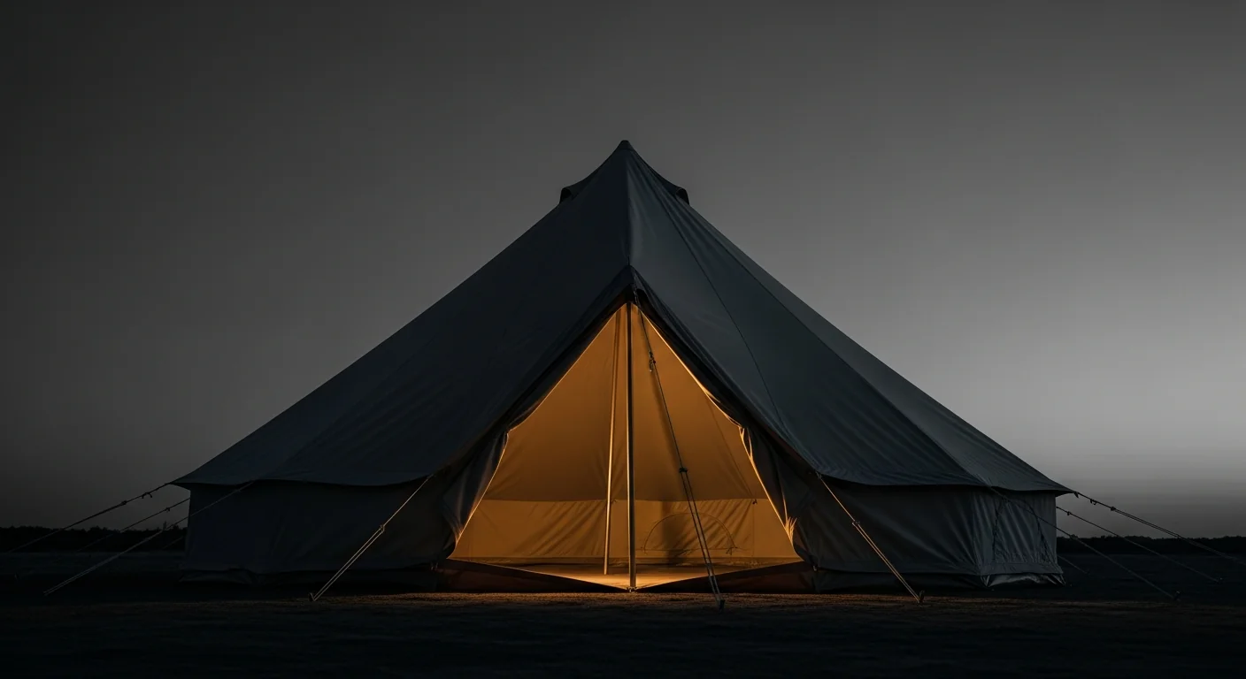 Tente en toile dont le mât central est partiellement effondré, luisant doucement au crépuscule — lisser le tissu ne peut pas corriger la forme une fois la structure affaissée