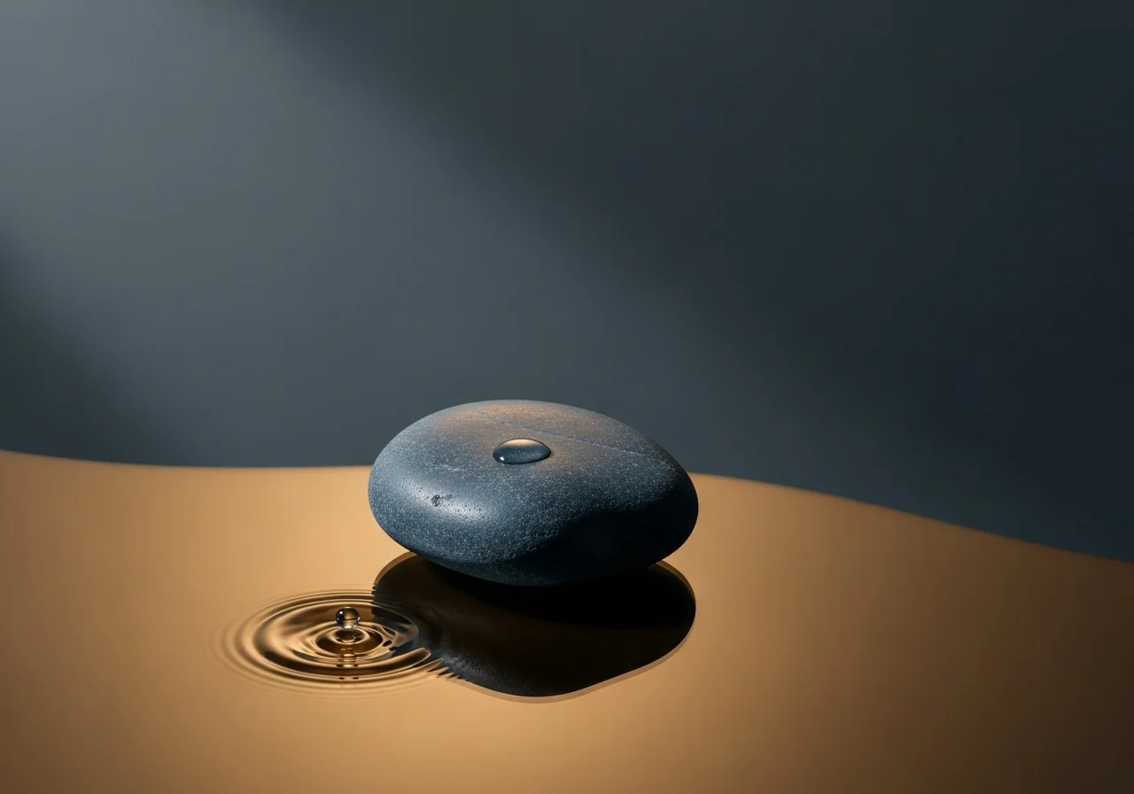 A still pond surface seen from directly above, very slight ripples moving outward from the center, strong raking sidelight creating micro-texture in the water, deep blue-grey palette against deep shadow — metaphor for surface versus depth, editorial photography, no faces or text