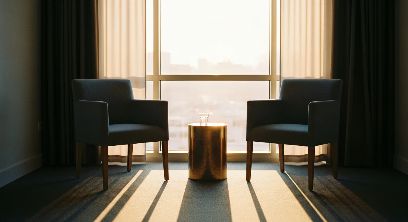 Leerer Beratungsraum mit zwei Stühlen und einem niedrigen Beistelltisch im Licht der goldenen Stunde