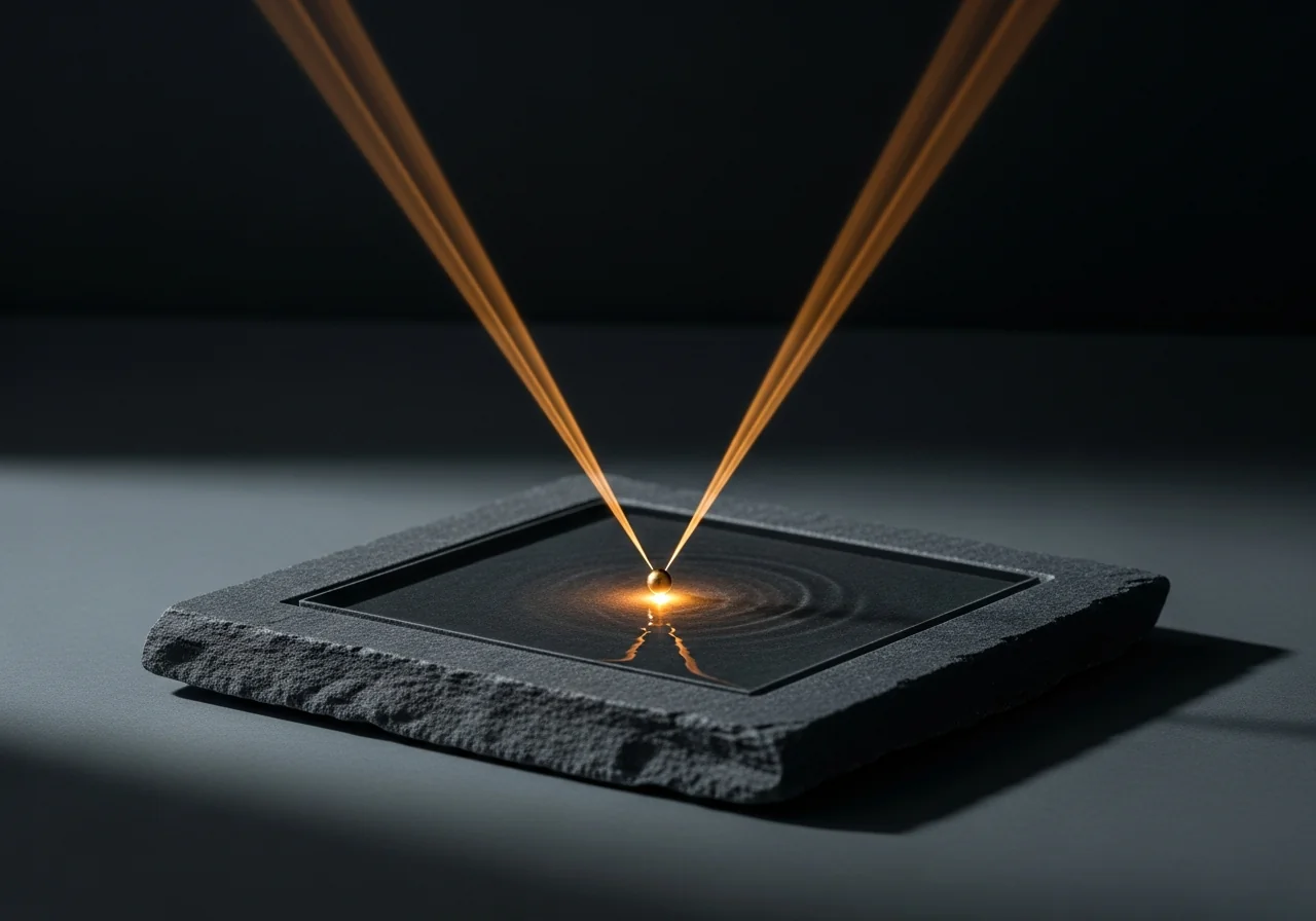 Parallel beams of amber light converging through still water onto a single illuminated point on a dark stone surface — a metaphor for focused energy reaching a precise depth in tissue