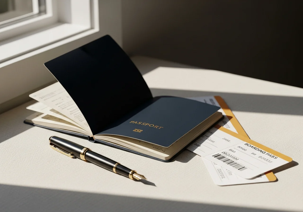 Open passport resting on ivory linen beside a fountain pen and an unstamped boarding pass, soft window light from the left, as a metaphor for the deliberation before an international medical trip