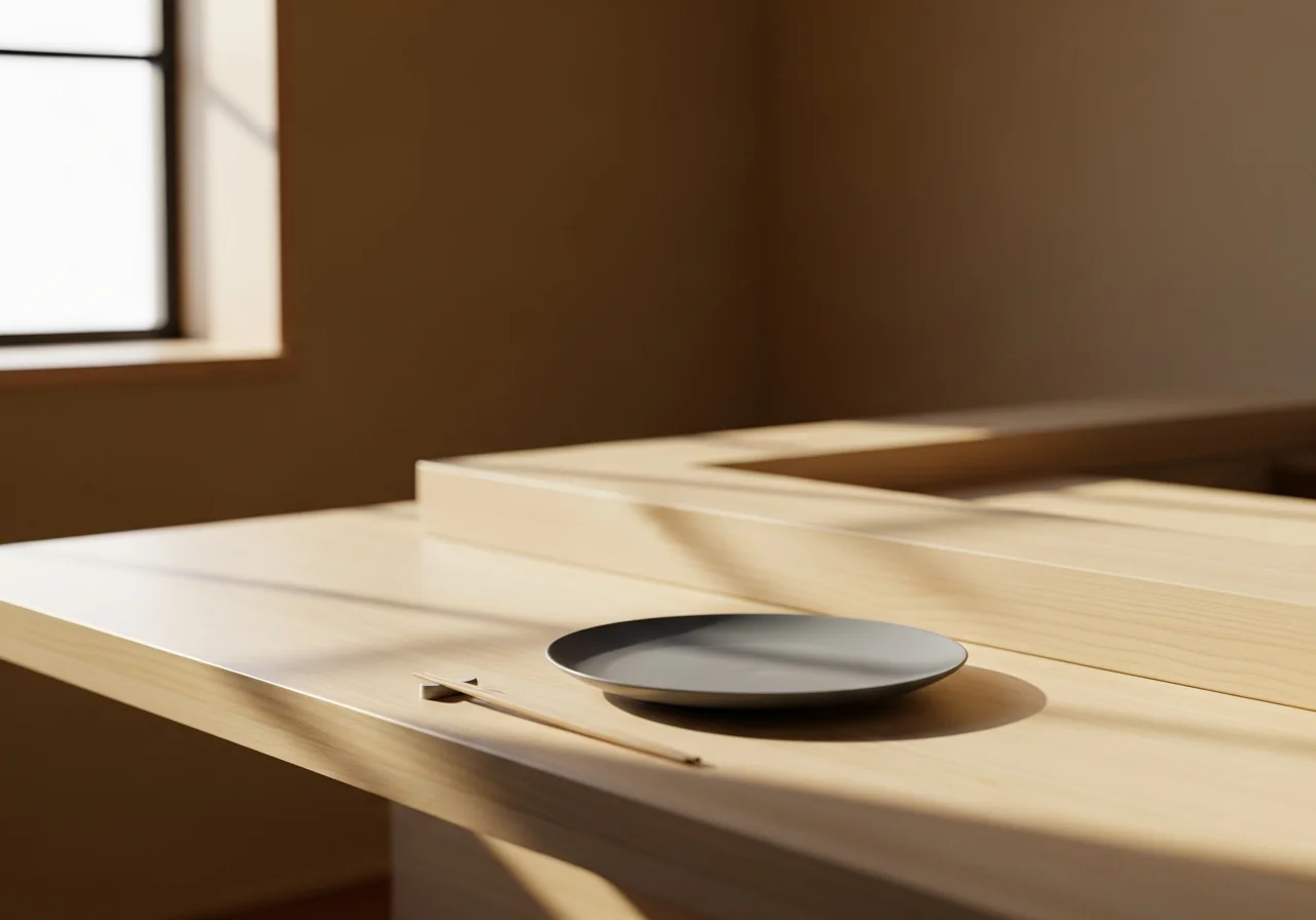 An empty counter-height sushi bar at first light — pale wood grain, a single ceramic plate set with quiet deliberation, no chef in frame yet, warm-cool morning light from a high window, as a metaphor for the moment before a design decision is made