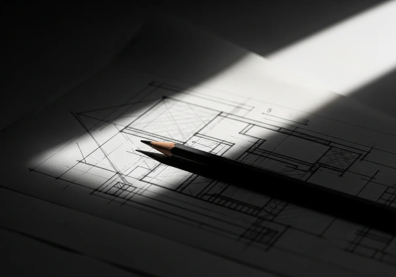 An architect's pencil resting on semi-transparent tracing paper laid over an unfinished structural sketch, deep grey background with a single oblique shaft of natural light, suggesting design in progress rather than finished form