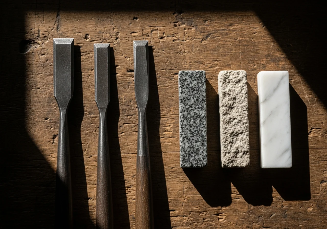 Three stone-working chisels of different profiles arranged beside three small samples of stone — granite, sandstone, and marble — on a worn wooden workbench in raking sidelight, as a metaphor for matching the right tool to the specific material
