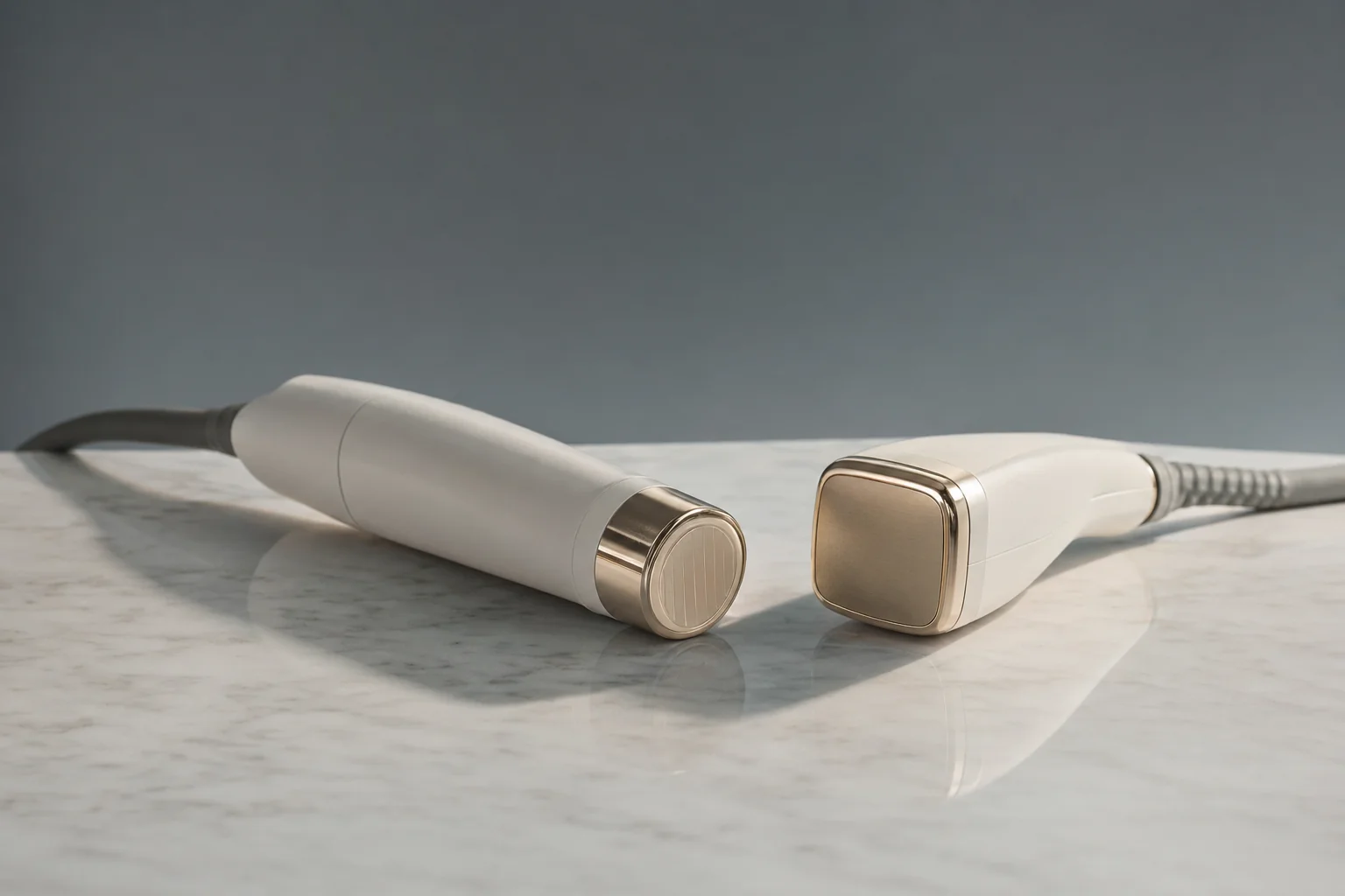 Editorial product photography of two unbranded medical aesthetic device handheld applicators on pale marble — an ultrasound HIFU transducer with flat treatment head beside a monopolar radiofrequency tip with metallic surface, soft directional studio light, deep negative space, generic-category clinical product still life