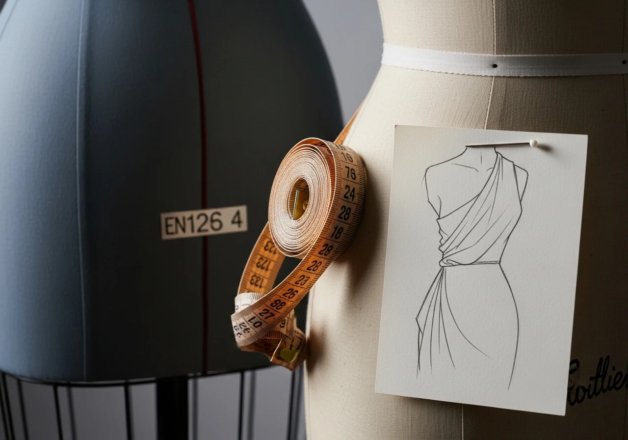 A bespoke tailor's linen measuring tape coiled on a wooden dress form beside a partial sketch of a garment, soft grey-white light from above, as a metaphor for fit designed to one specific form rather than a standard pattern
