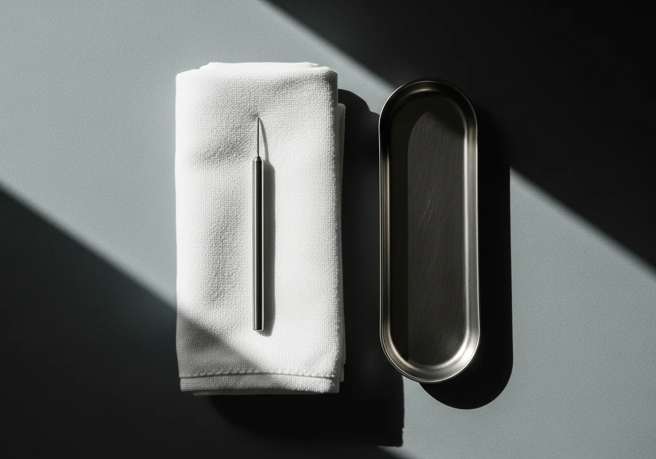 Một chiếc cannula thép không gỉ đặt trên lớp vải lanh trắng gấp gọn cạnh một khay kim loại mờ