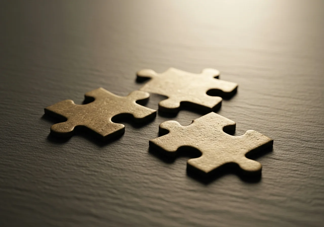 Drei Puzzleteile deutlich unterschiedlicher Formen und Größen nebeneinander auf einer Schieferfläche, von denen keines zum anderen passt