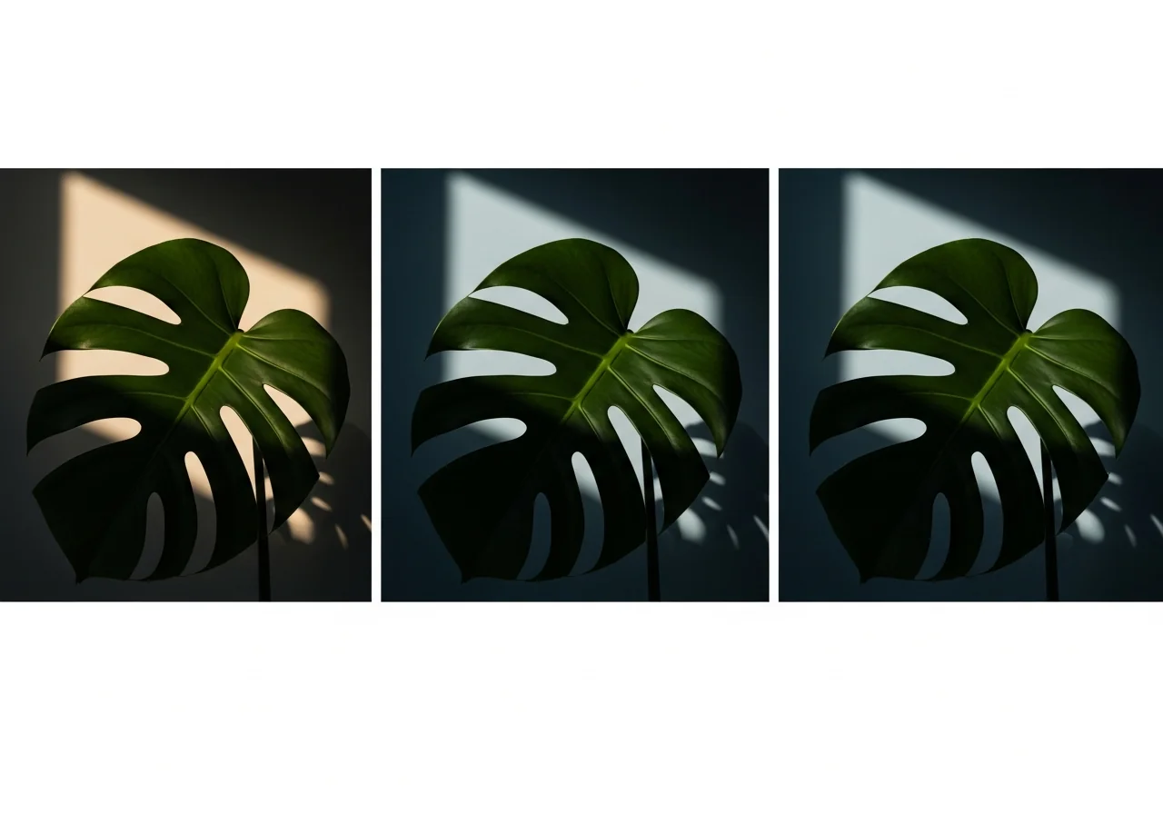 Triptychon desselben Monstera-Blatts, aus drei verschiedenen Lichtwinkeln fotografiert – jedes wirkt wie ein anderes Objekt