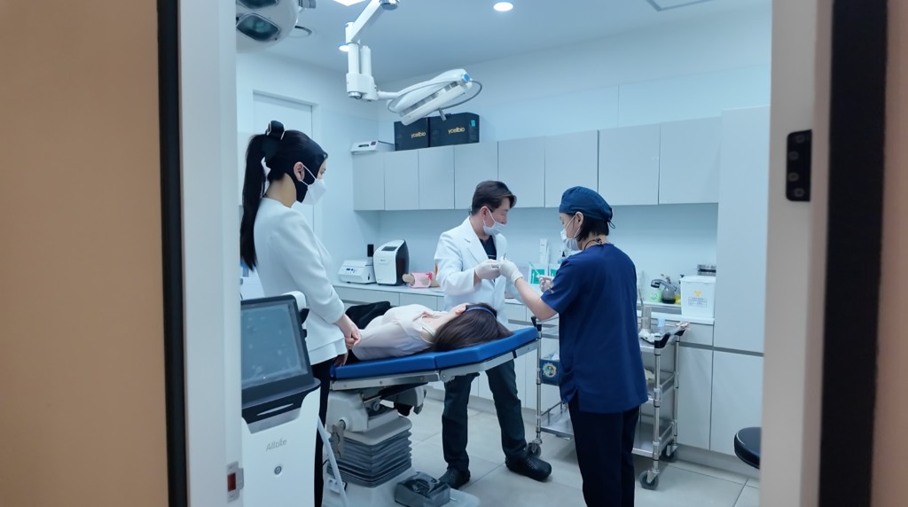 The medical team preparing a procedure in a treatment room