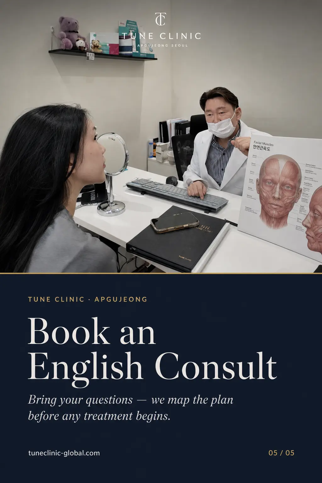 Book an English Consult — Bring your questions — we map the plan before any treatment begins.