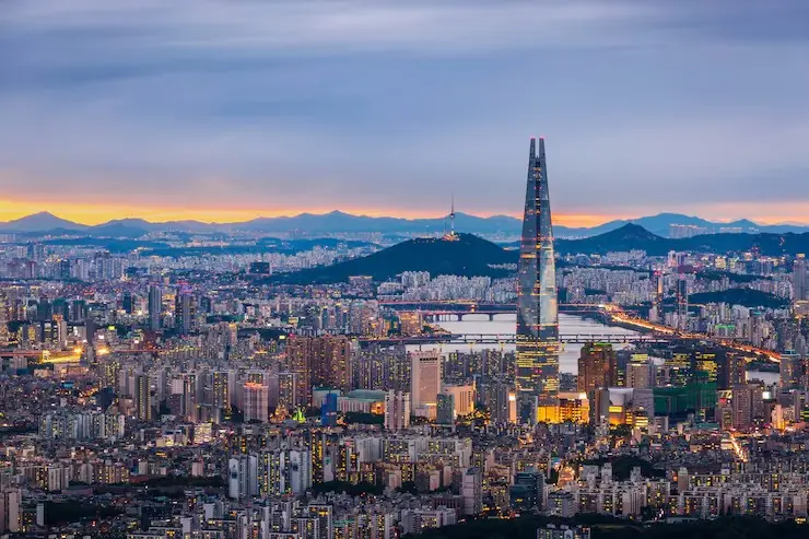 Seoul skyline at dusk over the Han River