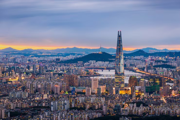Seoul skyline at dusk over the Han River
