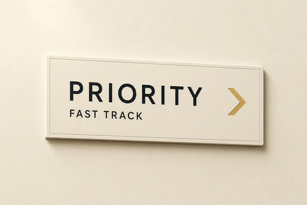 PRIORITY · FAST TRACK signage — Tune Clinic travel-priority scheduling for international guests